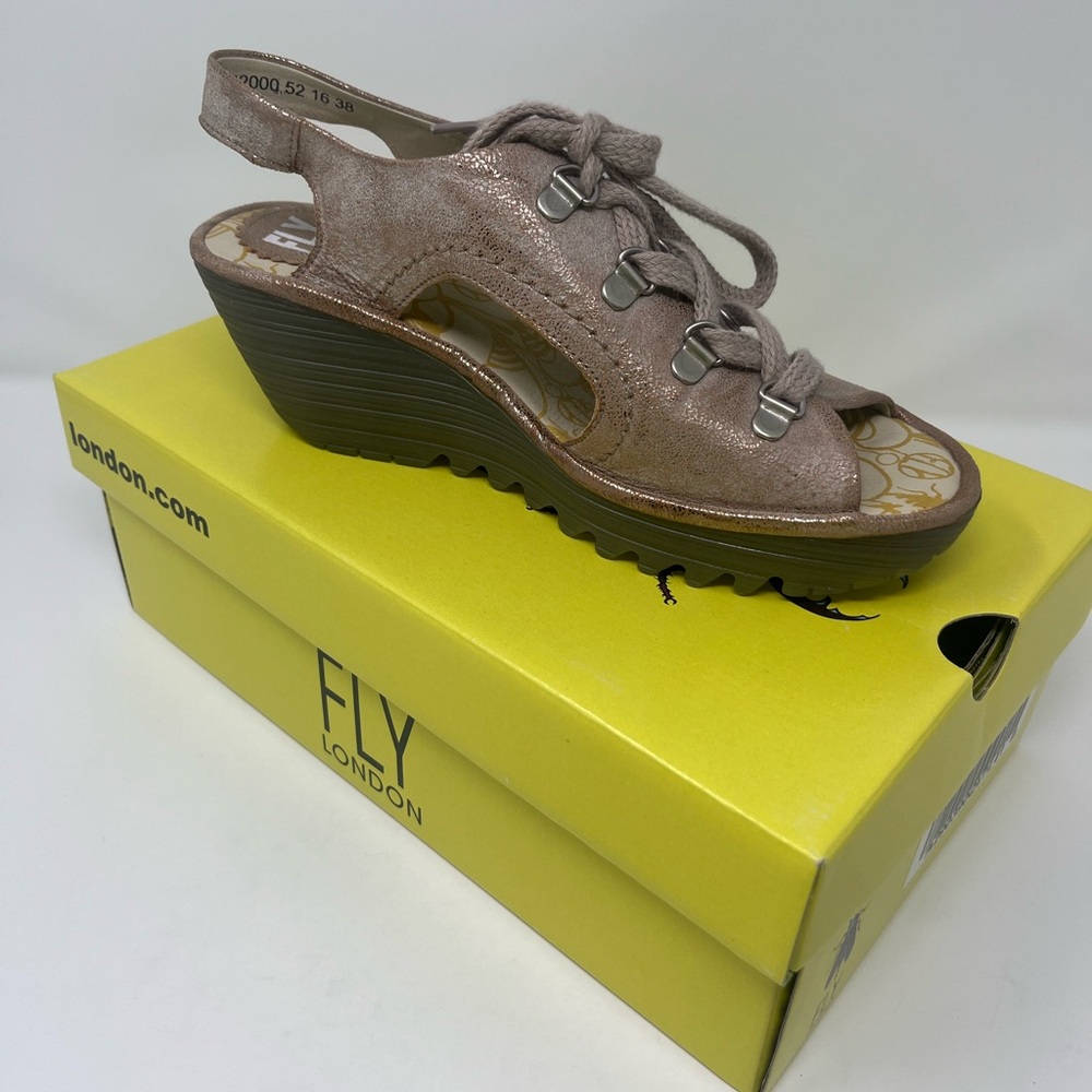 FLY LONDON Luna Cool Sandals Sz US 7.5/8| EU 38 Metallic Blush Pink Wedges NEW